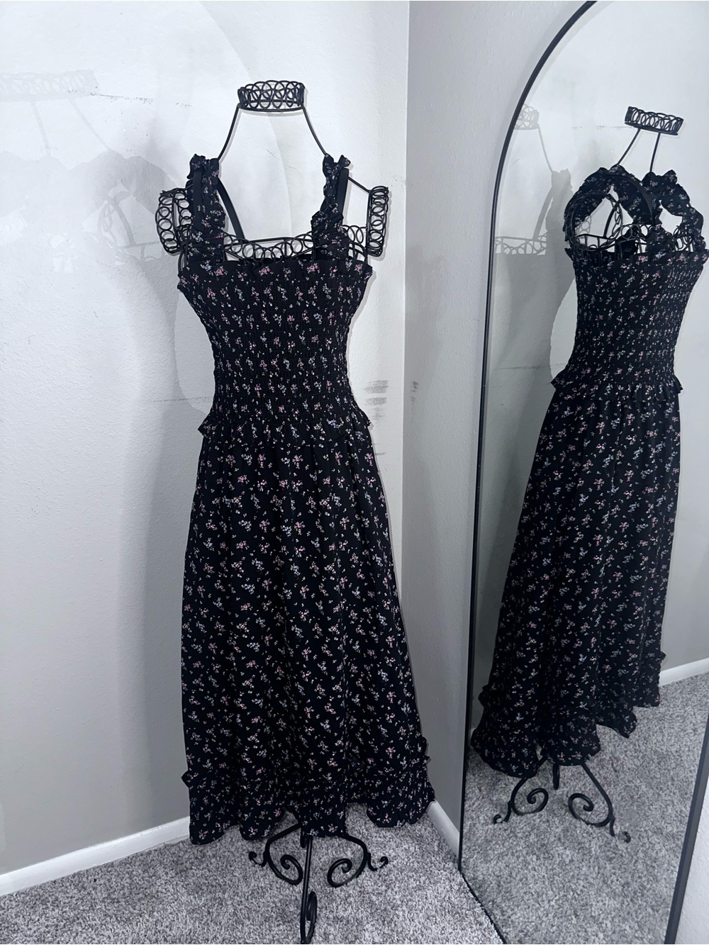 Black Floral Smocked Midi Dress with Pink Accents - Brand: